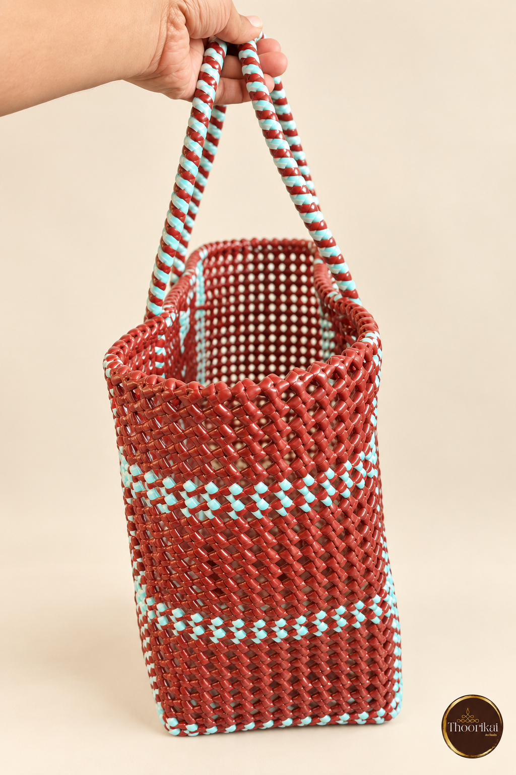 Side and open-top view of Brown-Blue Kattam Madras style market bag with Thoorikai logo