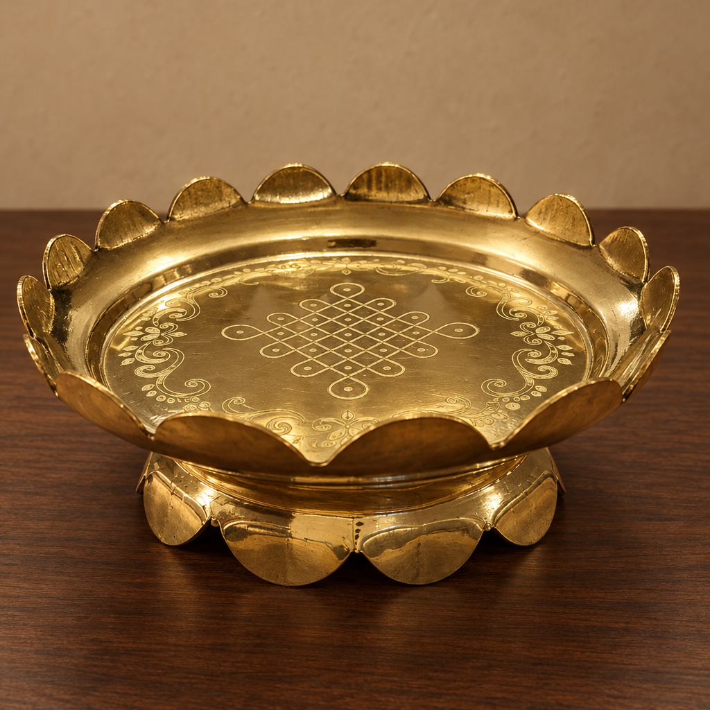 Low-angle view of brass uruli and petal-edged pedestal on walnut