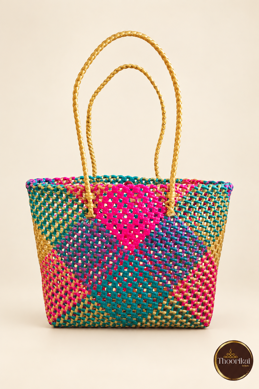 Front view of pink-green-gold Kattam handwoven tote bag