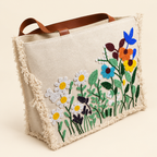 Jute Sunflower tote bag with blue beaded motif and fringe
