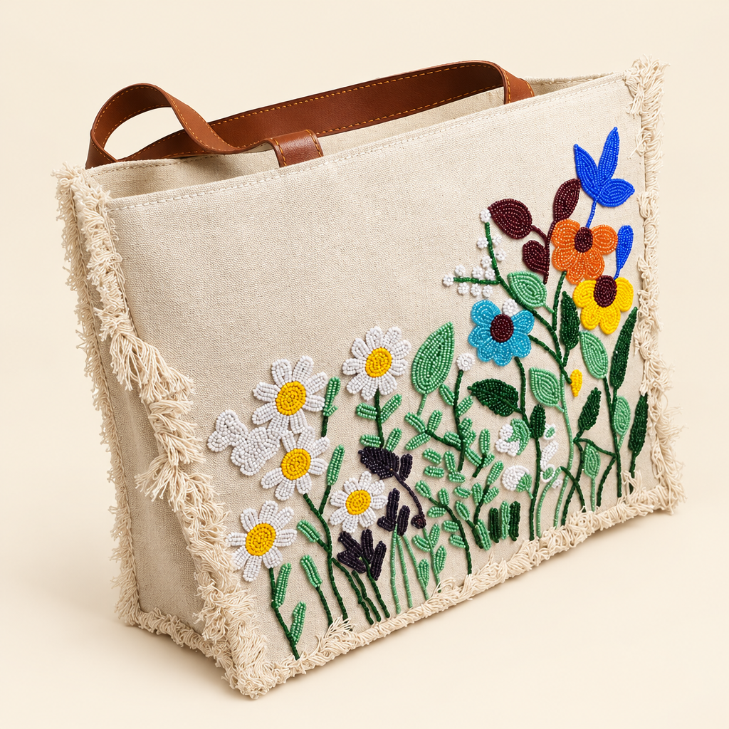 Jute Sunflower tote bag with blue beaded motif and fringe