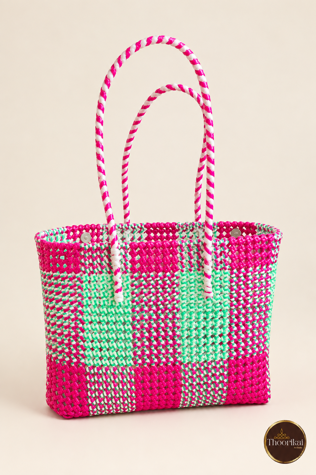 Slightly angled front perspective of Pink-Green Kattam market bag