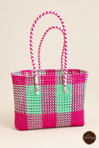 Slightly angled front perspective of Pink-Green Kattam market bag