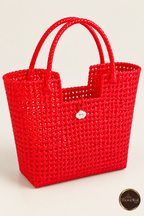 Elevated perspective showing red tote bag dipped opening