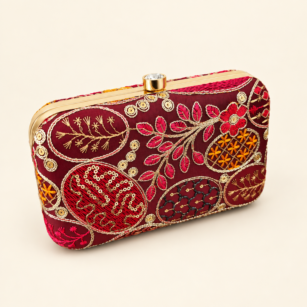 Burgundy embroidered box clutch with floral and ornamental motifs
