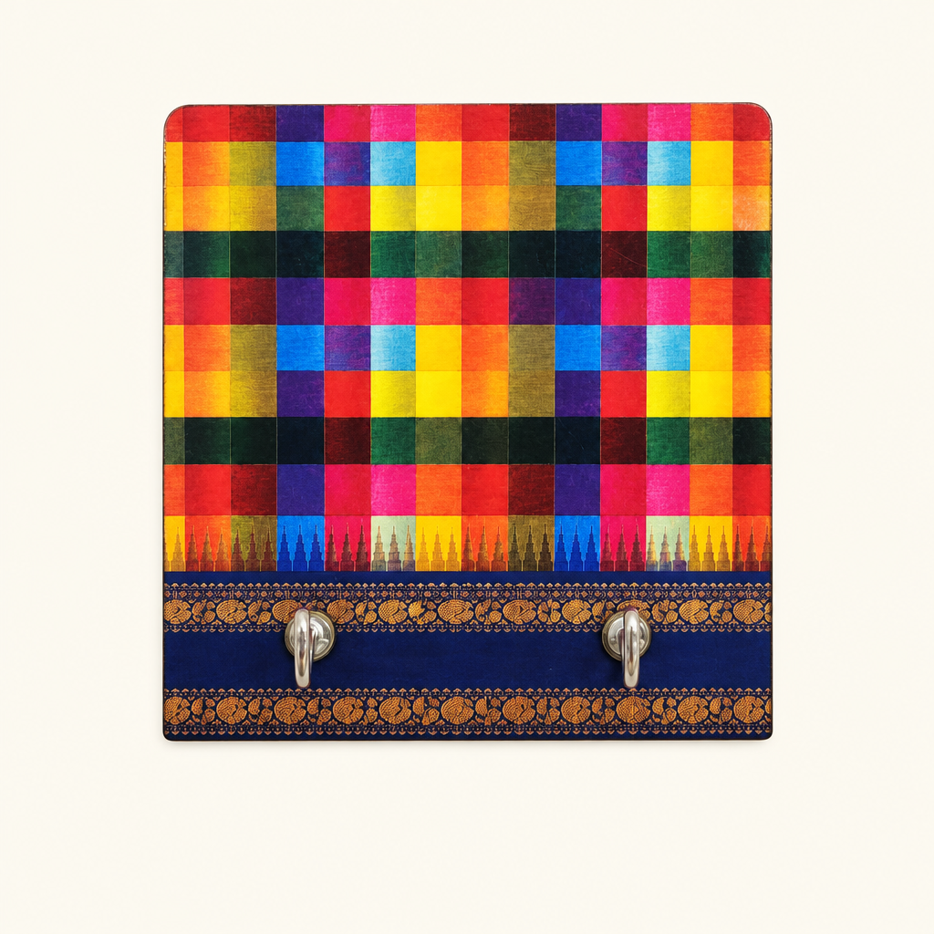Multicolour checks key holder with blue ornamental border