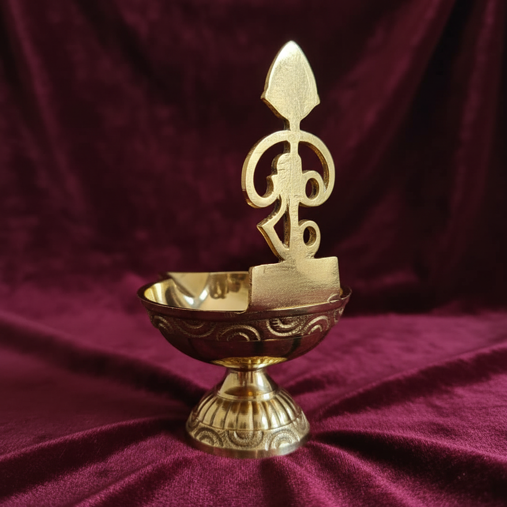 Brass Murugan Diya – rear view on burgundy velvet