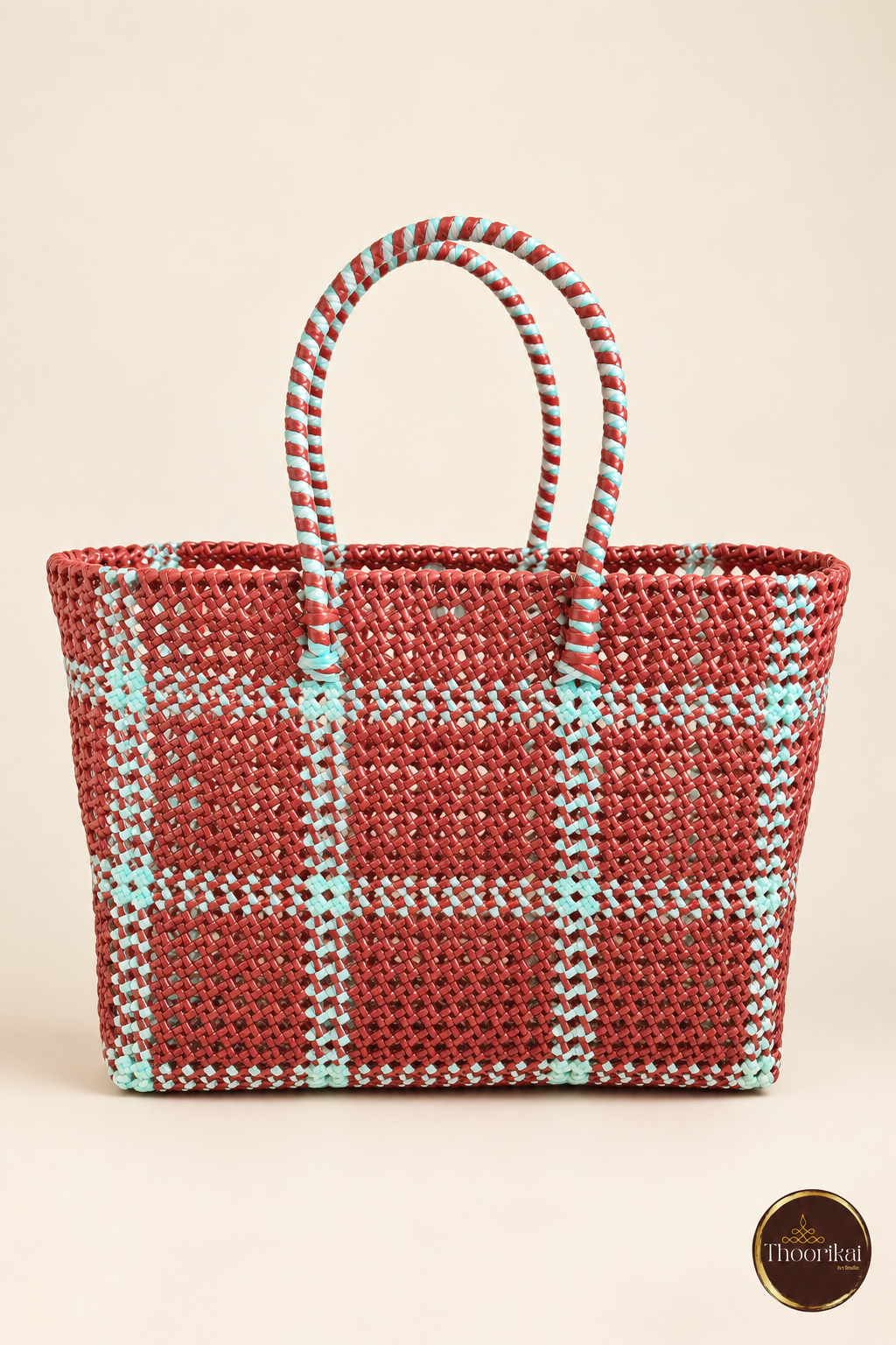 Front view of Brown-Blue Kattam Madras style market bag with Thoorikai logo