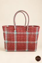 Front view of Brown-Blue Kattam Madras style market bag with Thoorikai logo