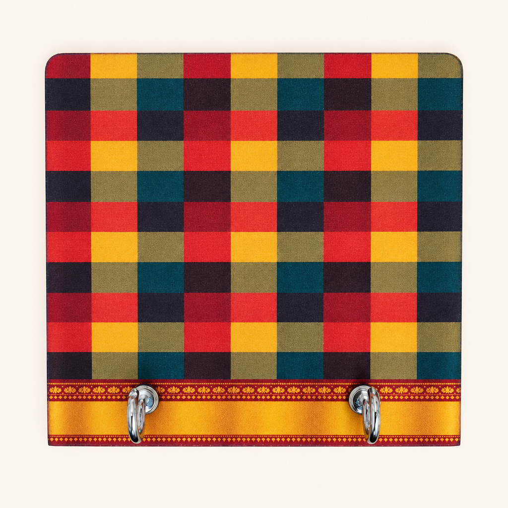 Multicolour large checks key holder with yellow border and two hooks