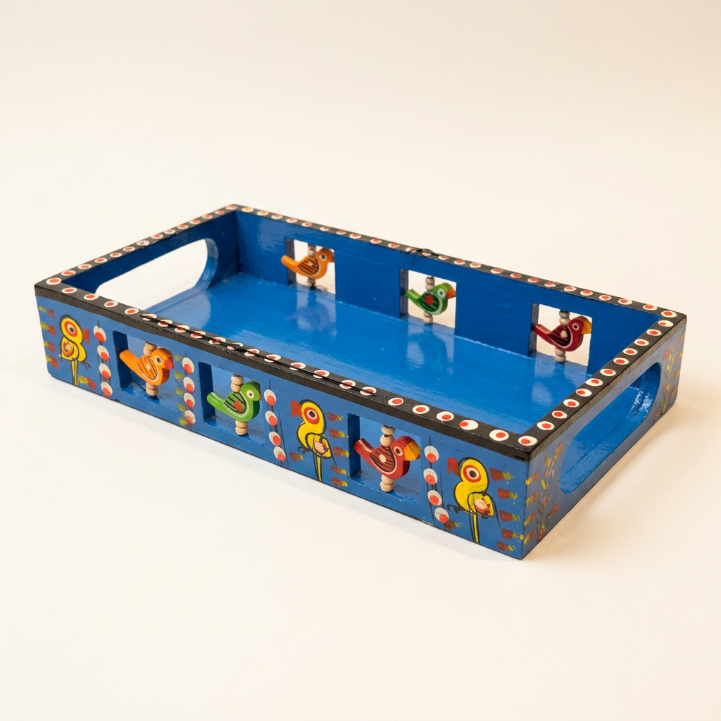 Blue hand-painted wooden bird tray, three-quarter studio view