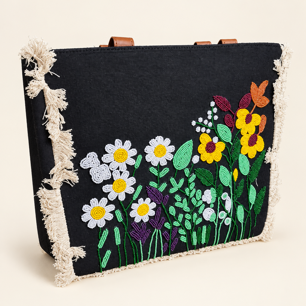 Black floral beaded tote bag with fringe and brown handles