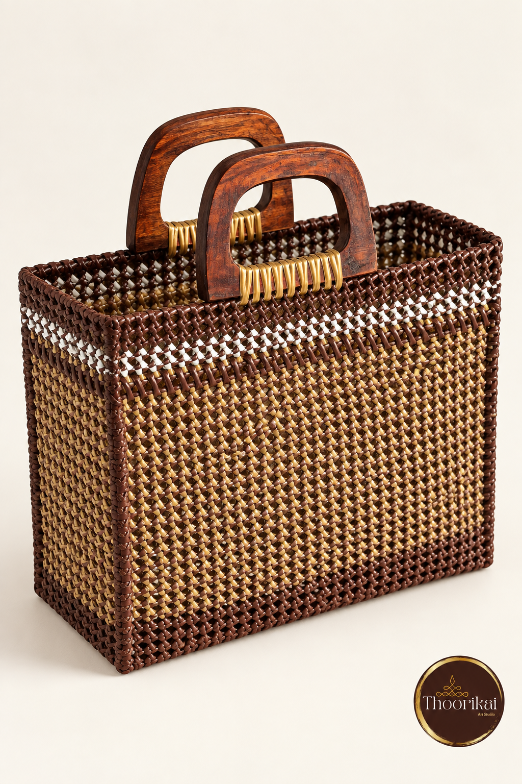 Elevated view showing open top of brown-gold market bag with wooden handles