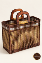 Elevated view showing open top of brown-gold market bag with wooden handles
