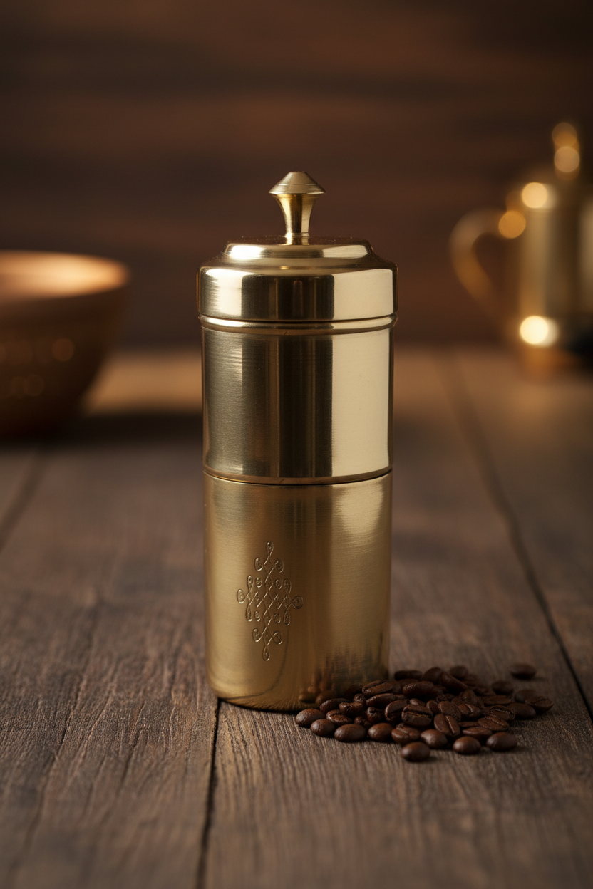 Brass filter coffee maker on dark wood with coffee beans