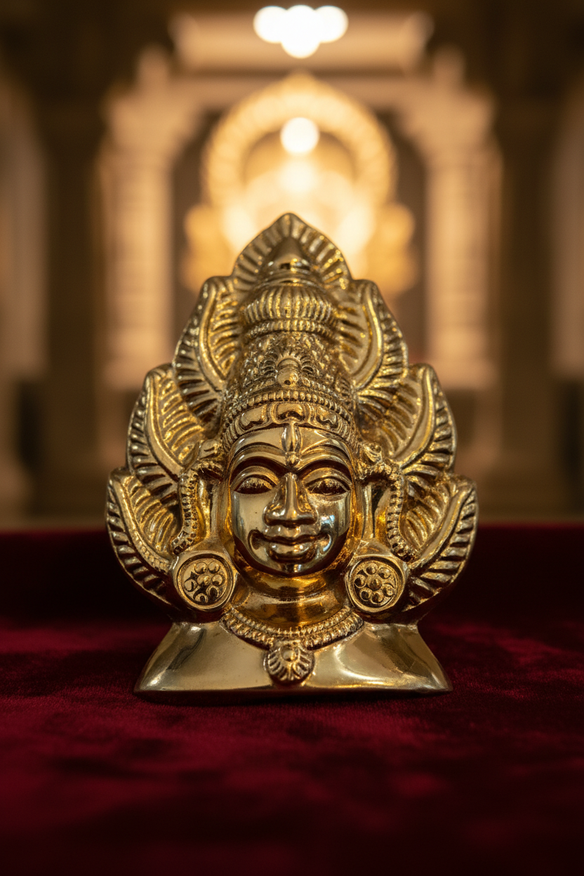 Murugan Mukham brass face mask on red velvet