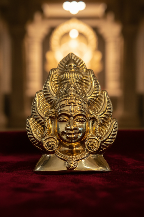 Murugan Mukham brass face mask on red velvet