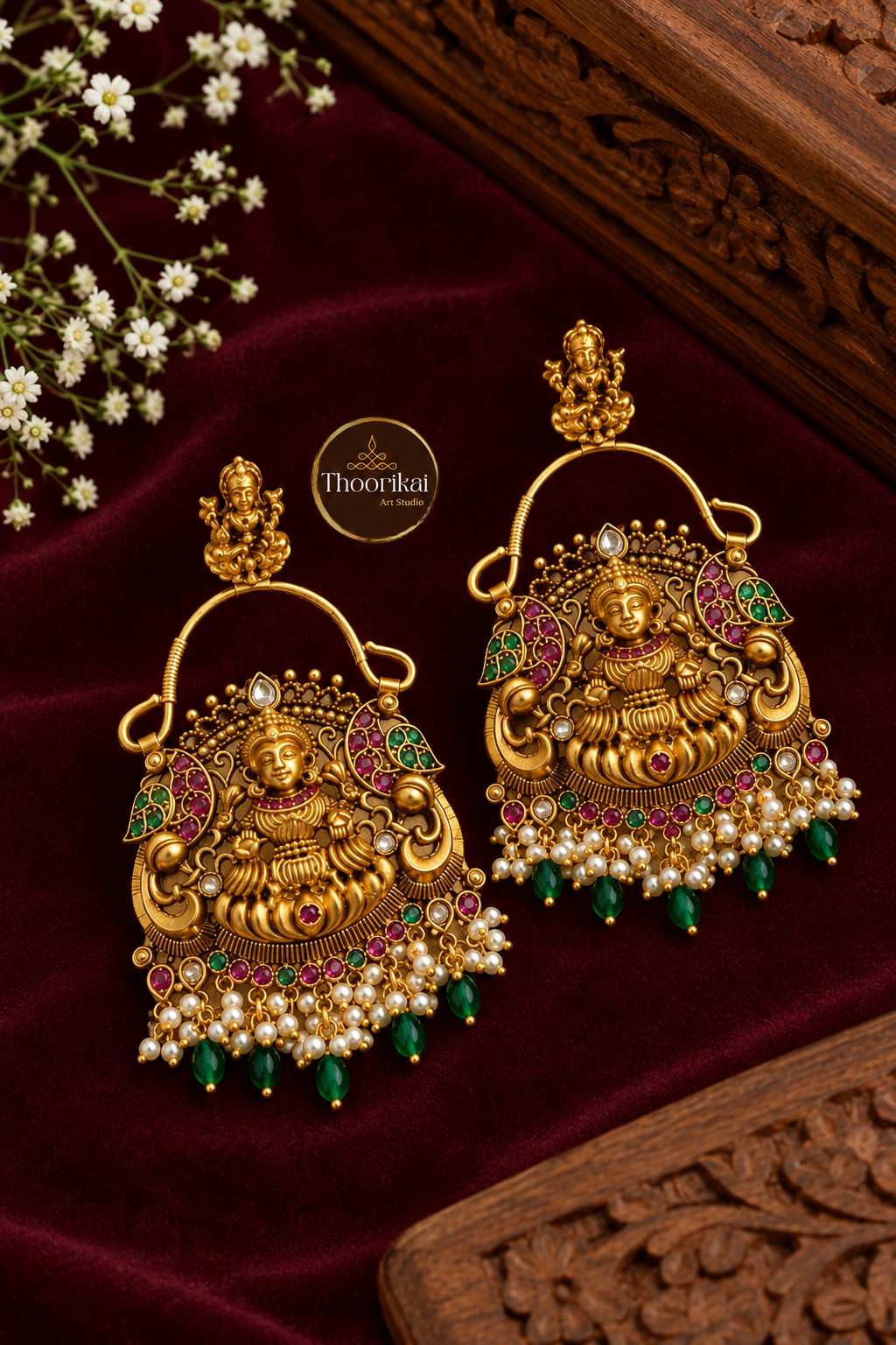 Naga’s Antique Chanbali earrings on burgundy